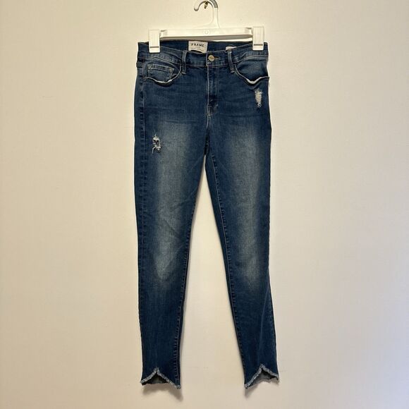 FRAME Women’s Le Skinny de Jeanne 28 Mid Rise Stretch Jeans Fray Hem Distress - Picture 1 of 8